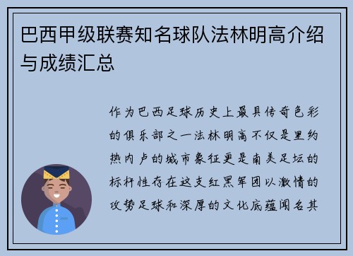 巴西甲级联赛知名球队法林明高介绍与成绩汇总